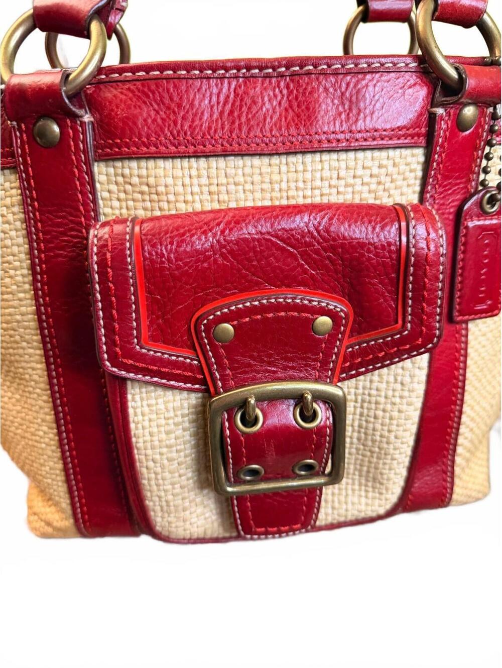 Coach Legacy Buckle Straw Shoulder Bag 赤 Coach Legacy Straw and Red Leather Buckle Tote (Style… - Gem